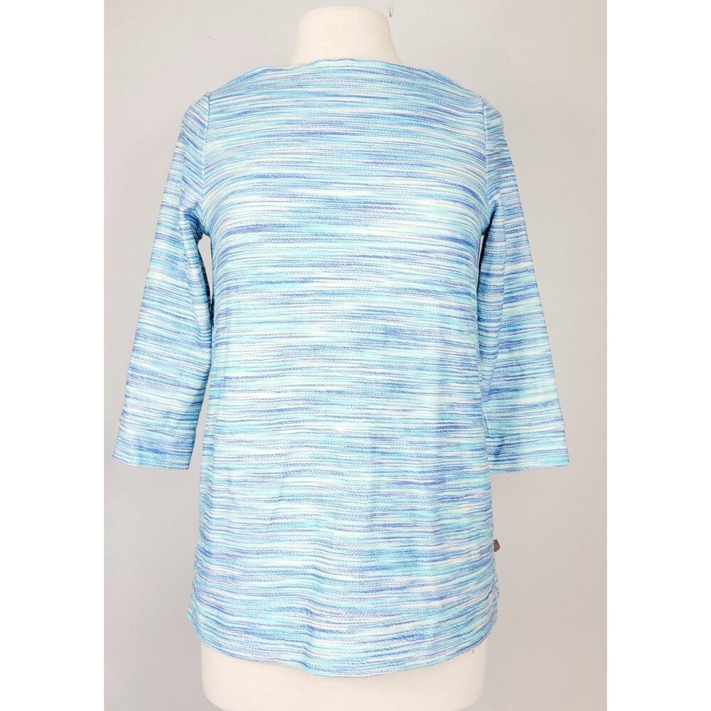 Talbots Blue Stripe 3/4 Sleeve‎ Boat Neck Top Petite Small Cotton Blend